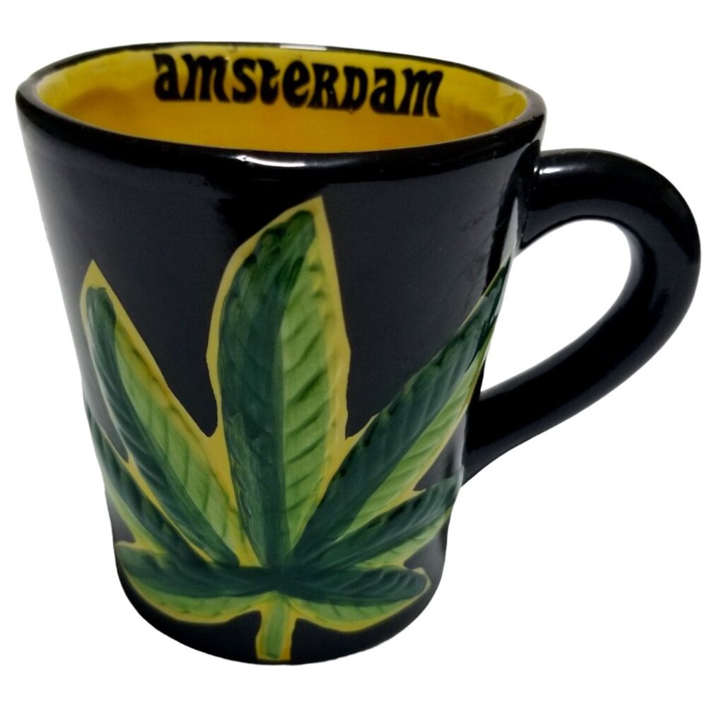 Amsterdam's Cannabis Leaf Coffee Mug Black/Yellow/Green Hippie Retro Cup *READ*